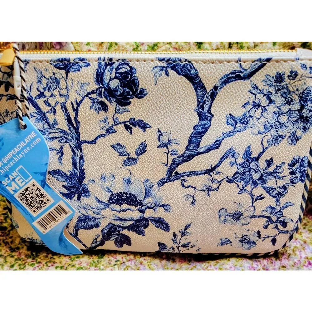 NWT Hi Peach Layne Travel Blue N White Flower Large Zipper Pouch Makeup Bag